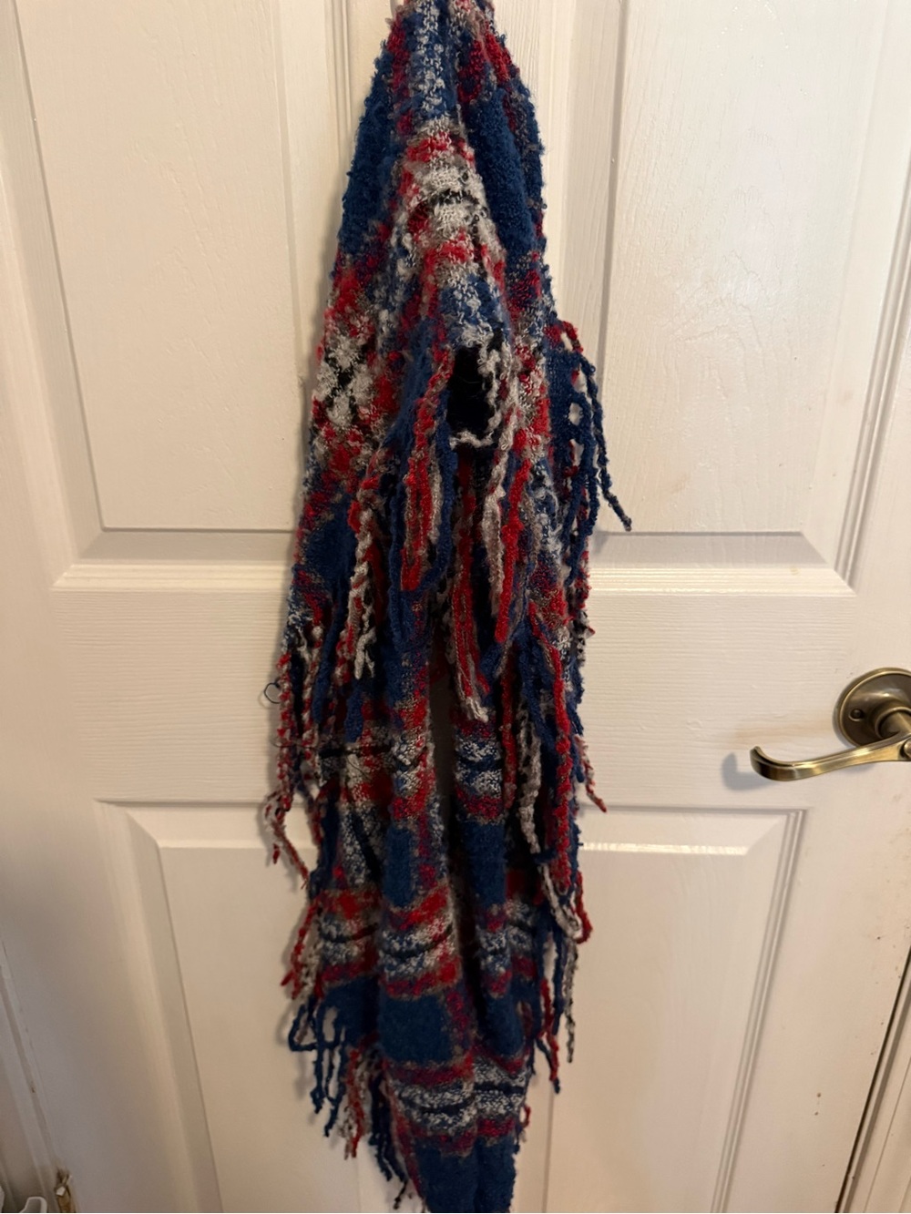 Cozy Fringed Plaid Scarf in Blue, Red & White